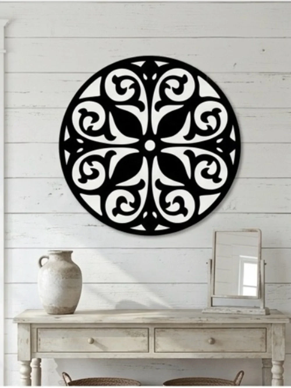Ornate Round Black Wall Medallion - Decorative Scroll Accent